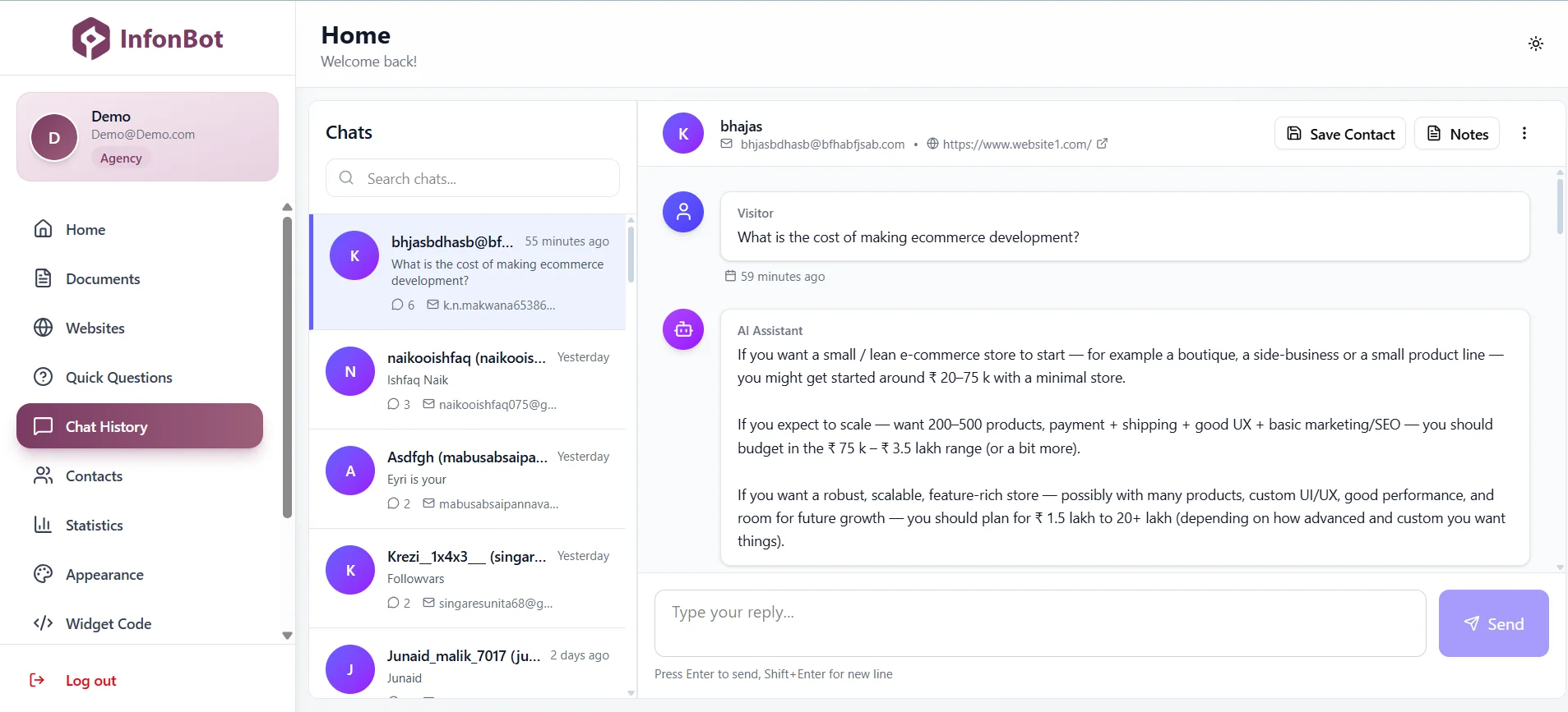 InfonBot Chat History Dashboard - Shows conversation logs and analytics