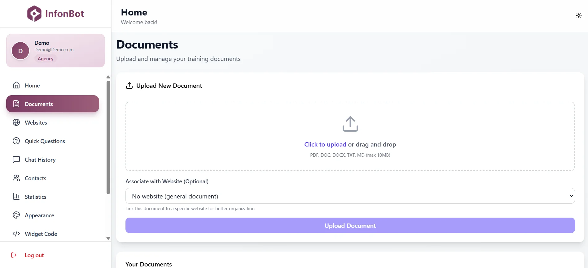 InfonBot Document Upload Interface - Shows document management and upload functionality