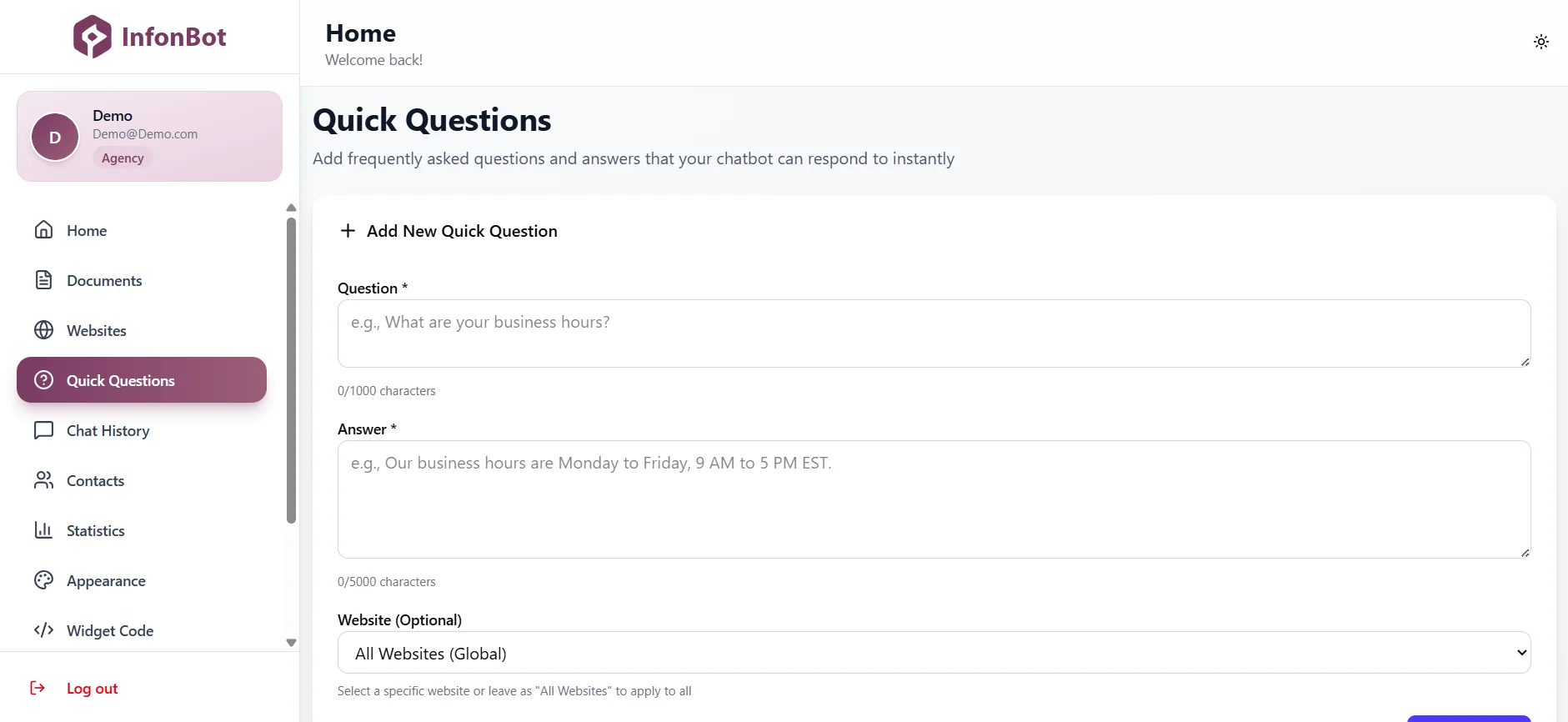 InfonBot Quick Questions Feature - Shows pre-configured quick question buttons