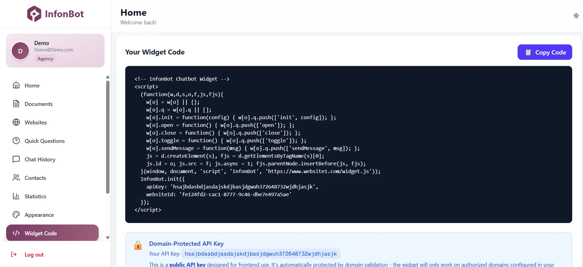 InfonBot Widget Installation Code - Shows the widget embed code in the dashboard