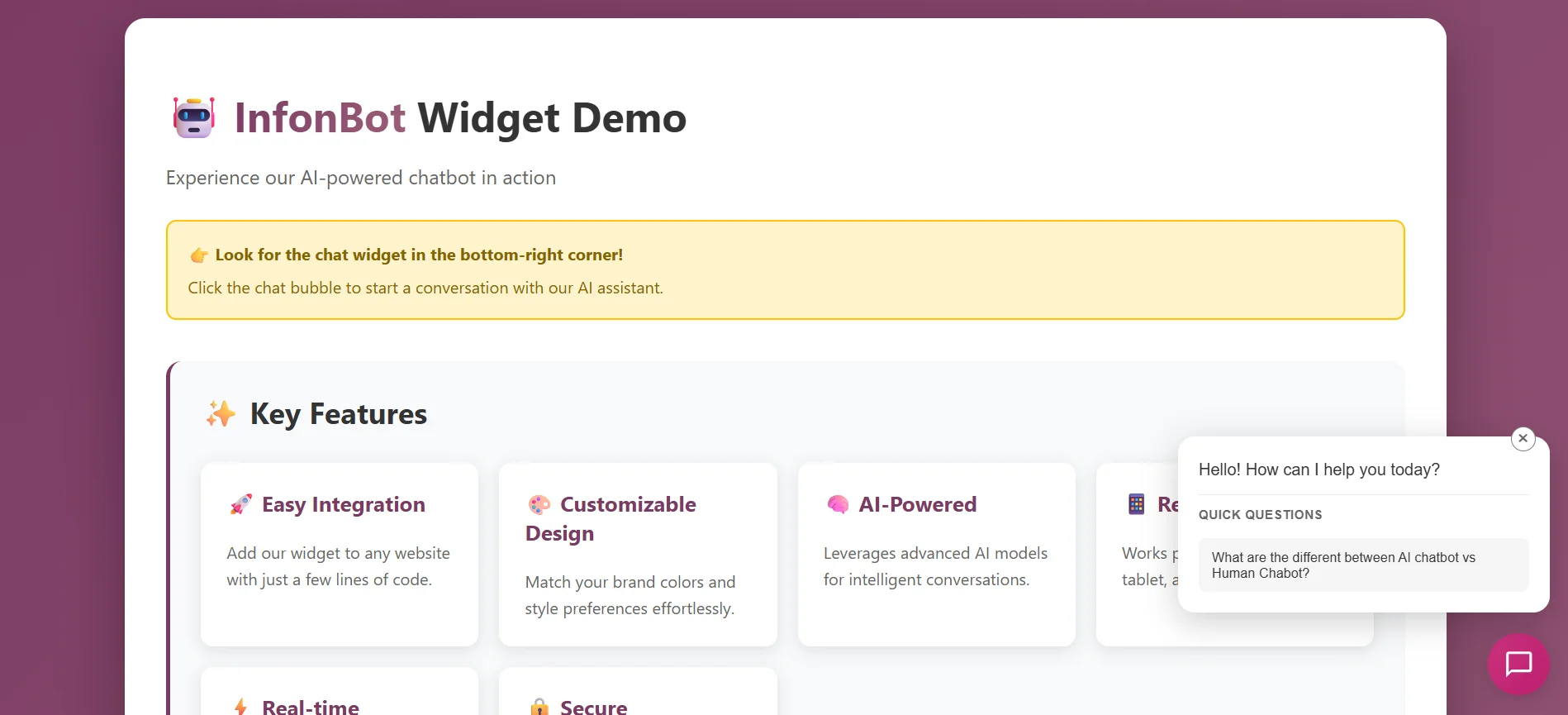 InfonBot Widget Demo - Shows the chatbot widget interface on a website