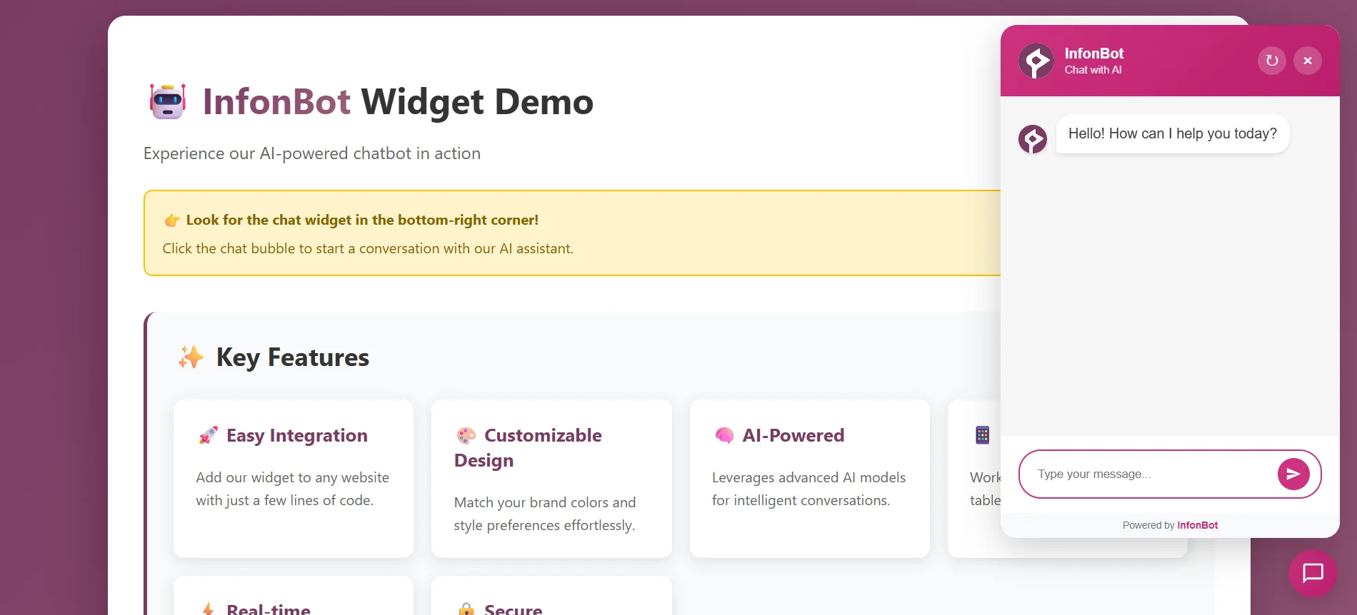 InfonBot AI Chatbot Widget Interface - Shows the chatbot widget in action with AI responses